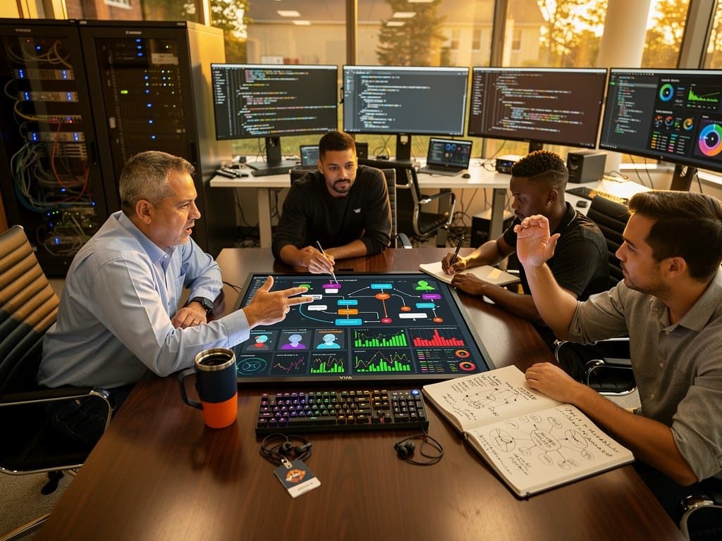 Laboratório de IA da UVA com pesquisadores, monitores de IA ética e dados de mercado em ambiente inovador