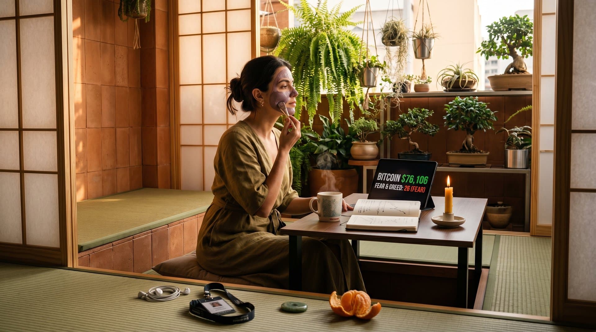 Ritual self-care analógico com chá, máscara natural, elementos zen e gráfico Fear & Greed 26