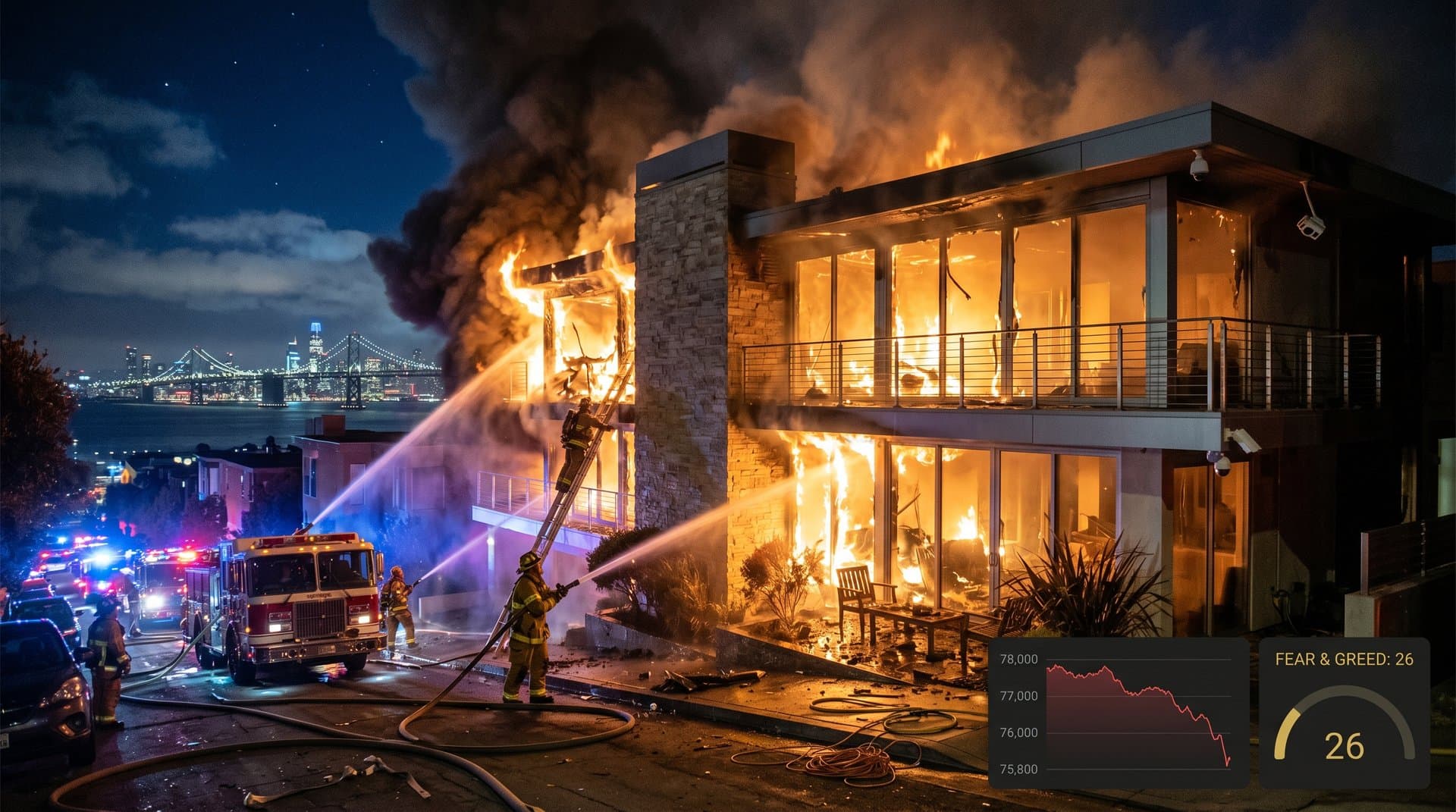 Chamas em quintal de mansão inteligente com overlay de gráfico BTC caindo e Fear & Greed 26
