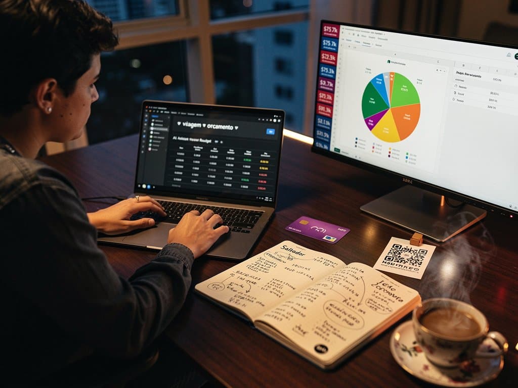 Mulher brasileira planeja viagens com prompts AI em laptop, gráficos crypto e orçamentos wellness em estilo fintech lifestyle