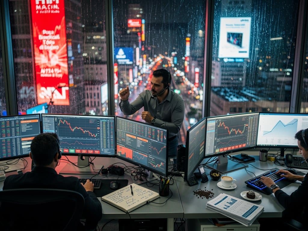 Trading floor high-tech na Av. Paulista com gráficos BTC em queda e alertas de IA em São Paulo