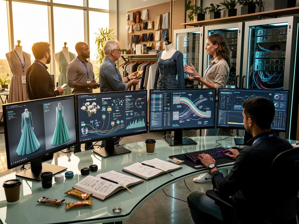 Laboratório de IA exibindo designs de moda ética sustentáveis e supply chains em telas high-tech iluminadas