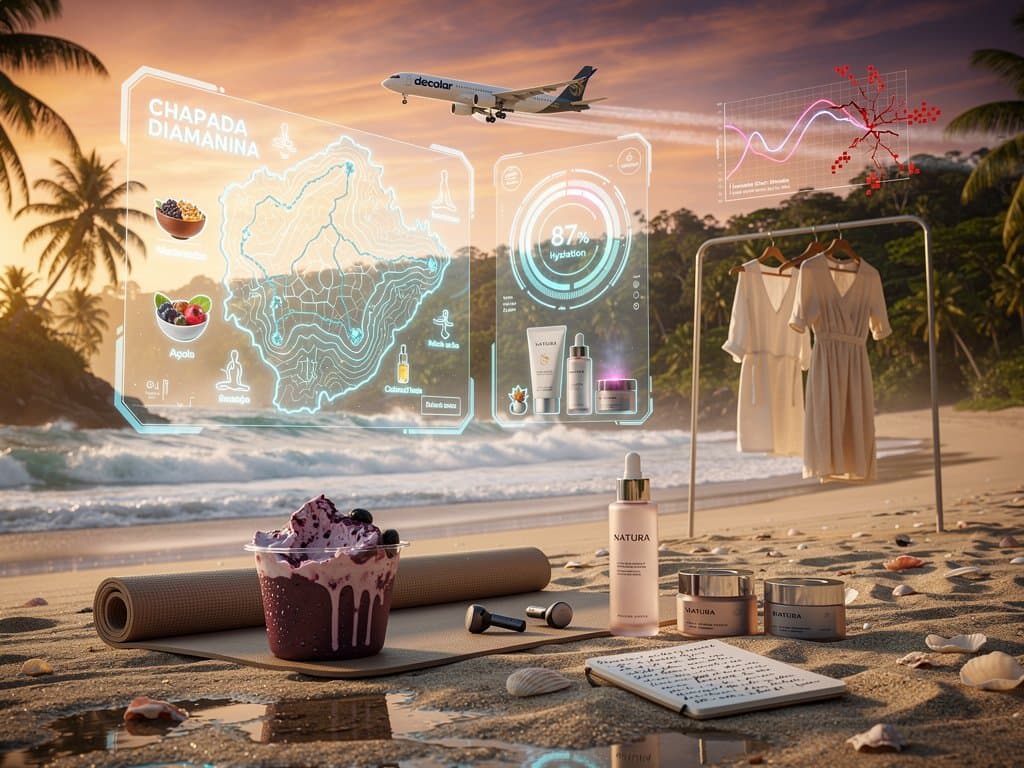Interface IA sobre praia brasileira com roteiros wellness e scanner de pele
