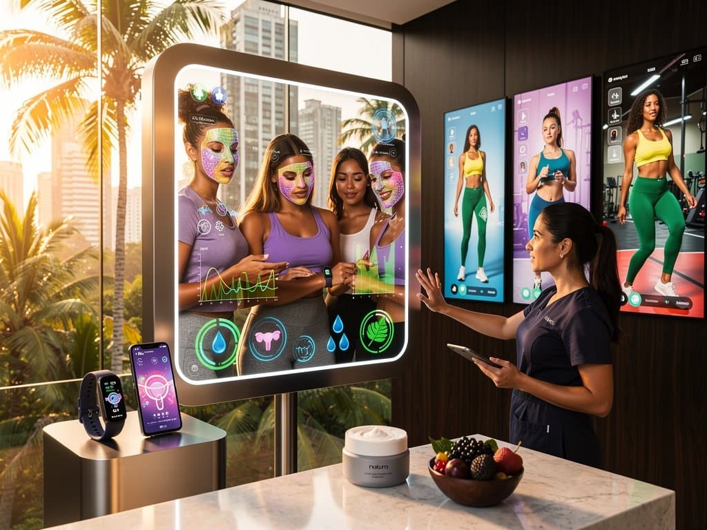 Clínica high-tech em São Paulo com espelho IA para pele, wearables fitness e provador virtual de moda