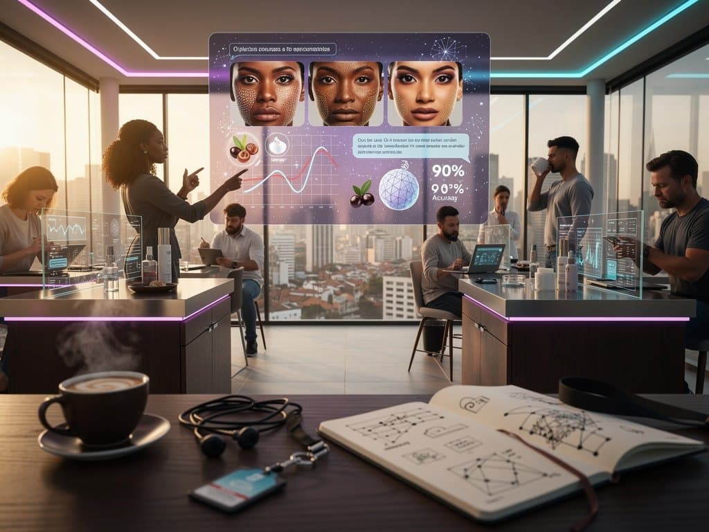 Interface holográfica de IA analisando texturas de pele e métricas de skincare com elementos brasileiros