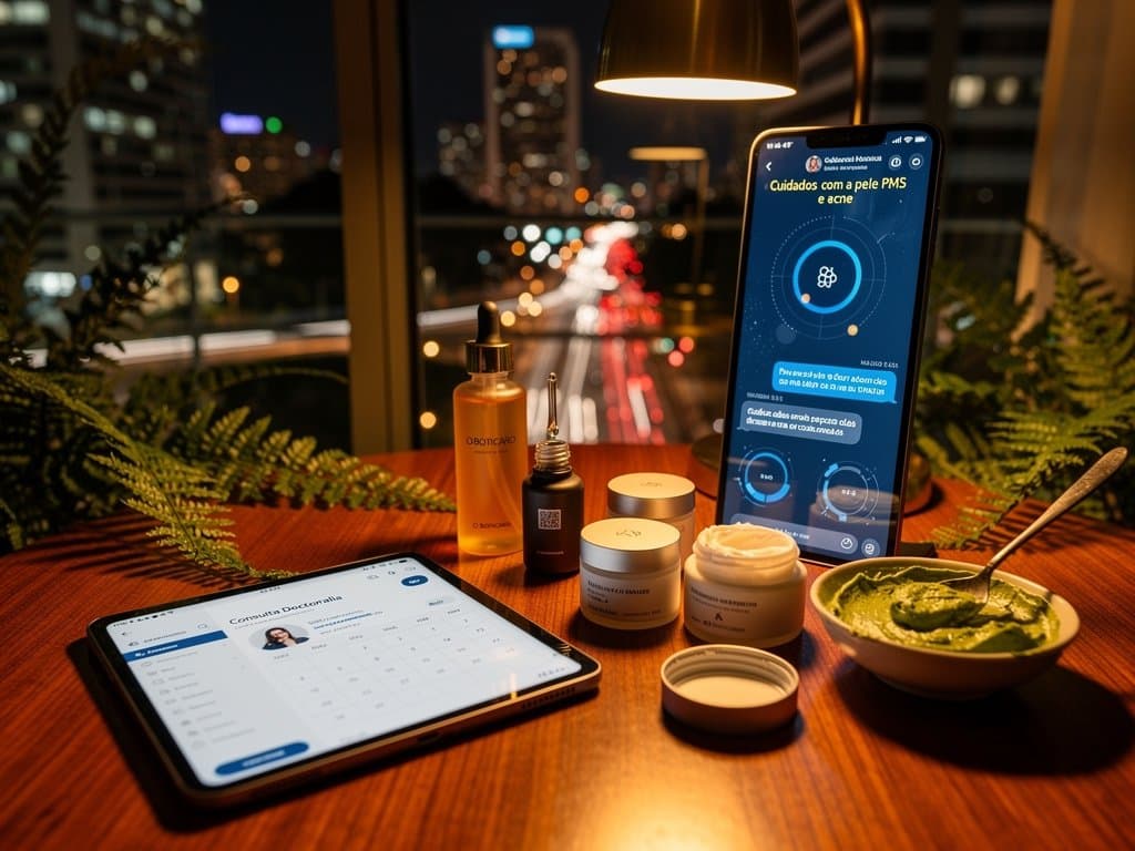 Smartphone com conselhos de saúde de chatbots IA de skincare e produtos Natura em mesa brasileira moderna