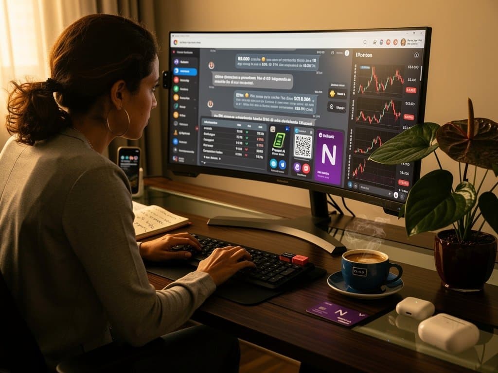 Mesa de trading high-tech com prompts IA e gráficos crypto BTC em queda em ambiente corporativo moderno