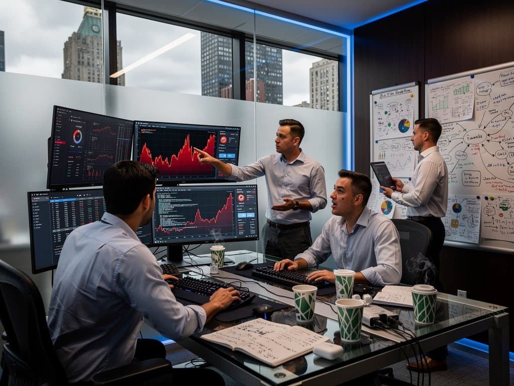 Laboratório high-tech com telas de prompts AI finanças pessoais, gráficos BTC vermelhos e terminais Bloomberg em estações premium iluminadas