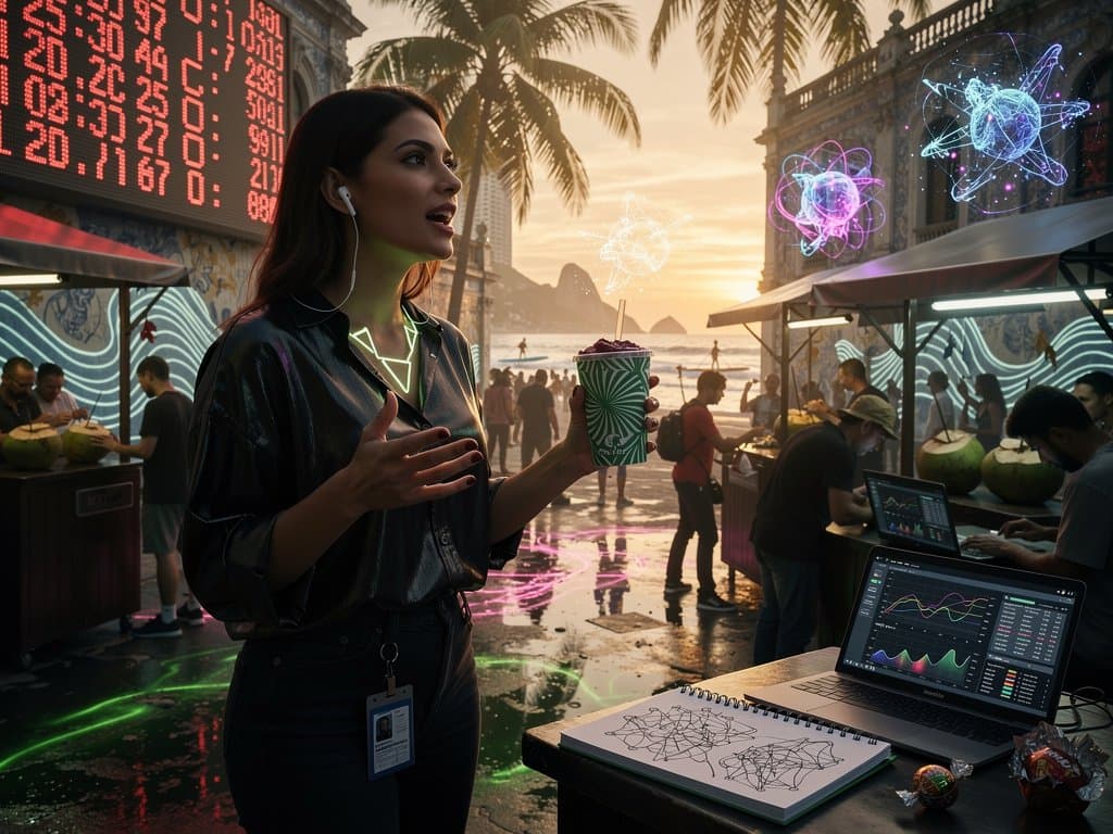 Mulher em moda resiliente com smoothie, gráficos crypto Fear & Greed 27 e elementos AI abstratos em fundo vibrante tropical brasileiro