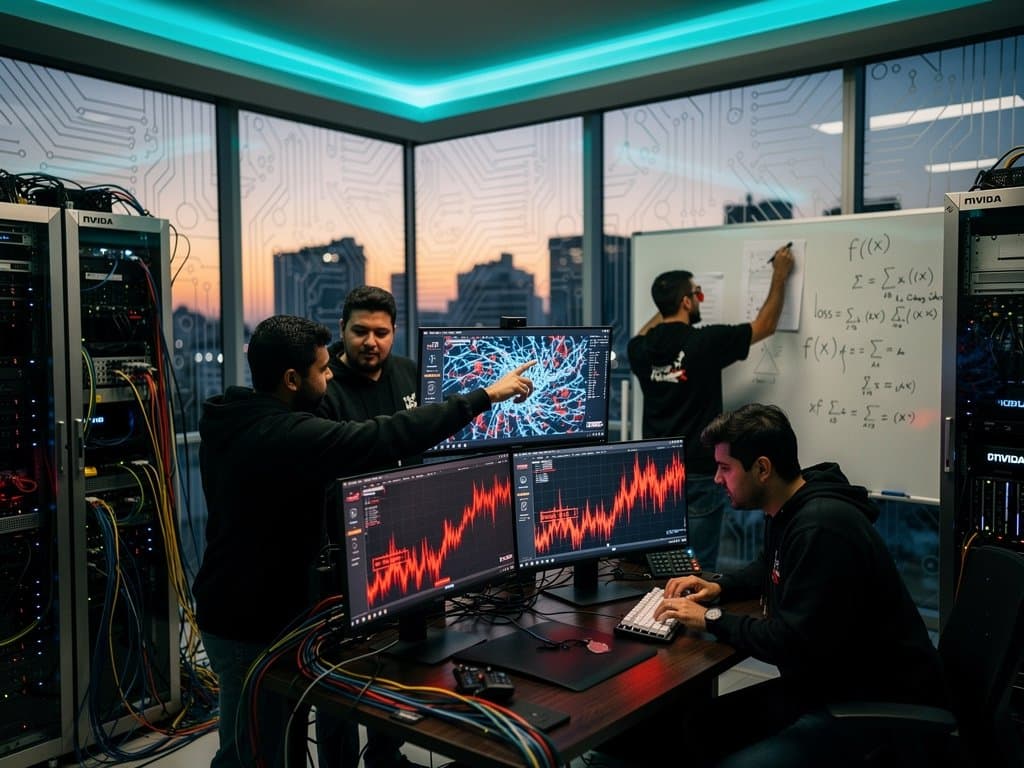 Visualização abstrata de rede neural falhando em laboratório high-tech com gráficos de erro crypto e equações