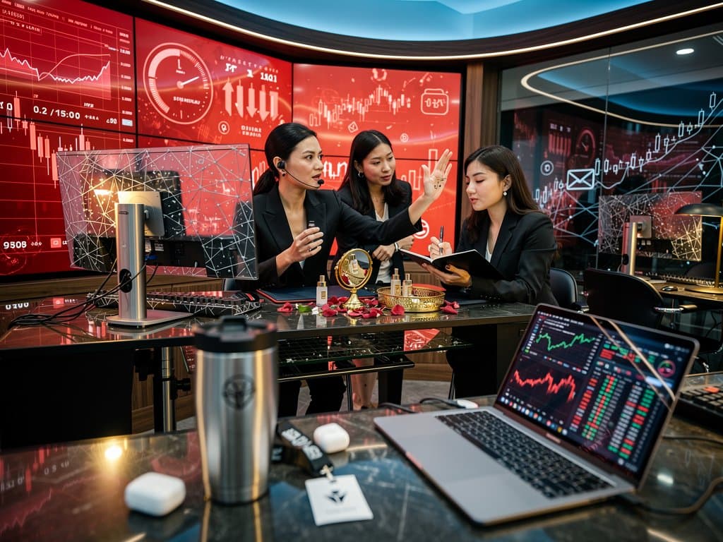 Gráficos abstratos vermelhos de cripto com dados FLOW, Fear & Greed 27 e elementos de self-care financeiro