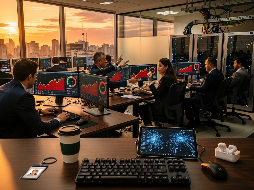 Trading floor em São Paulo com monitores mostrando BTC US$ 75k, Fear 27 e gráficos crypto em ambiente high-tech