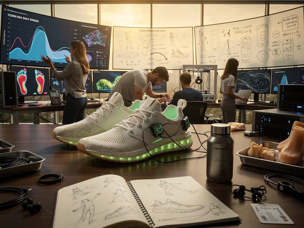 Protótipos de sneakers Allbirds IA em lab high-tech com gráficos de movimento em monitores e ambiente inovador