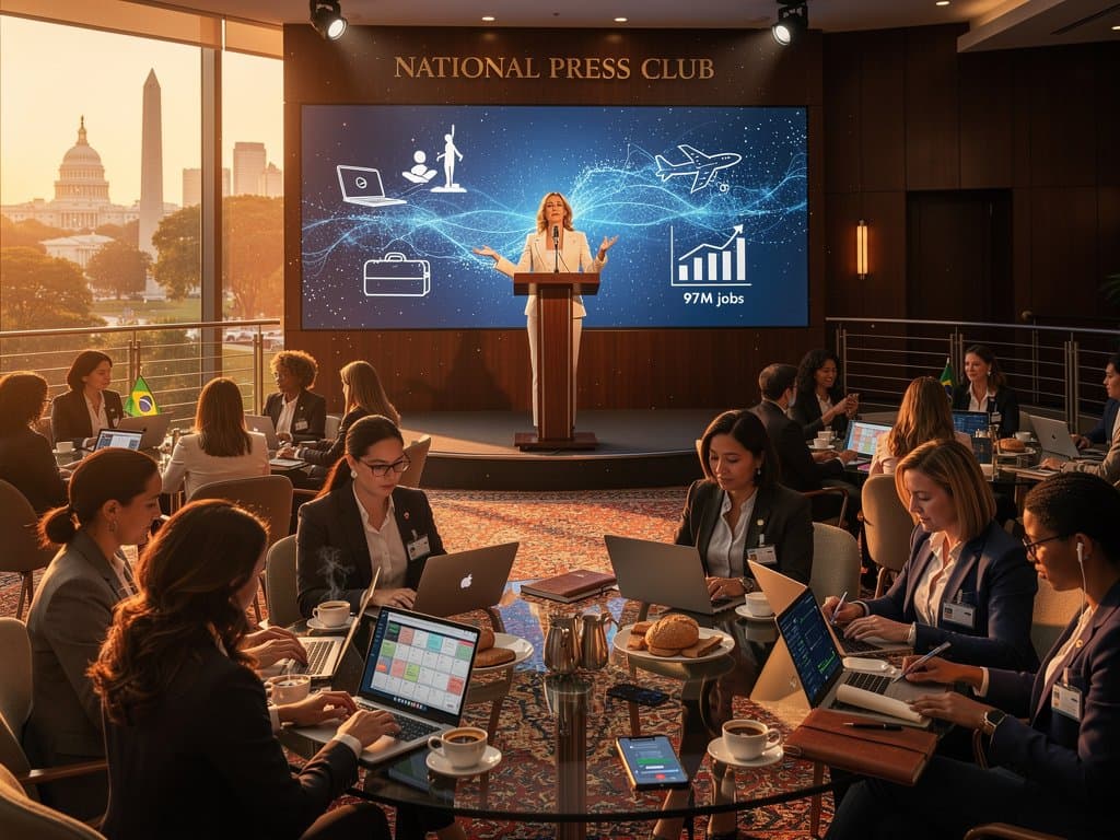 Cena dinâmica no National Press Club: pódio com telas IA, mesas com laptops e apps de produtividade, skyline DC ao fundo