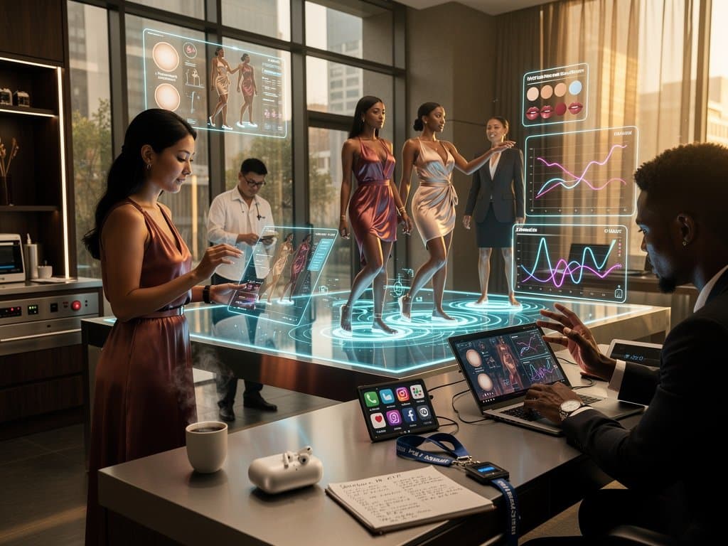 Interface IA gerando moda personalizada, beleza e wellness em estilo futurista