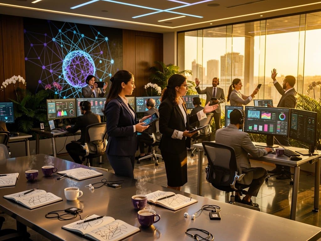 Executivas em lobby fintech SP discutem Rep. McBride IA, wellness e crypto em tablets modernos