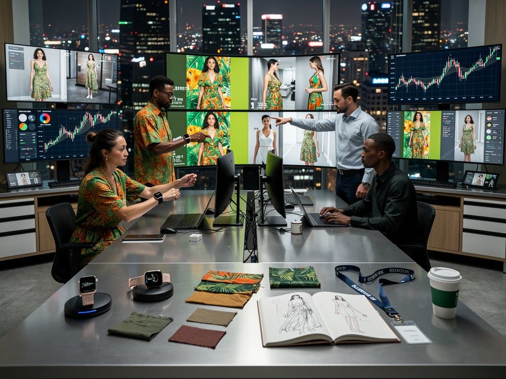 Telas curvas em lab de IA exibem modelos de moda, scans corporais e avatares wellness com gráficos tech