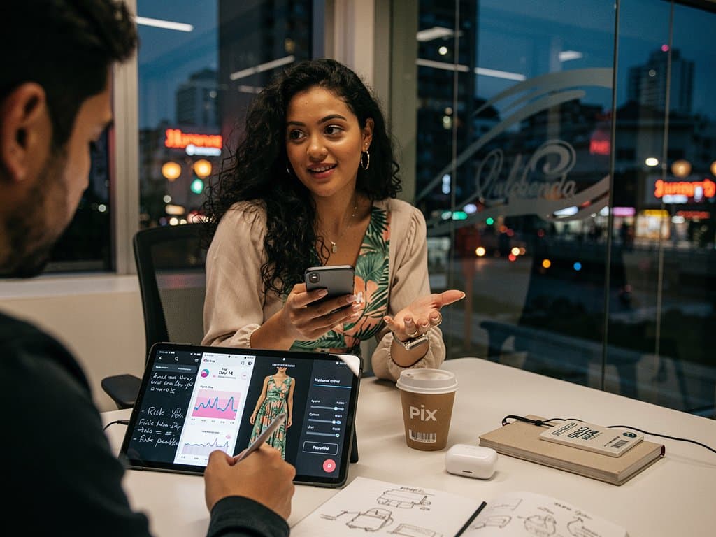 Mulher usando app IA de bem-estar e moda com gráficos crypto ao fundo