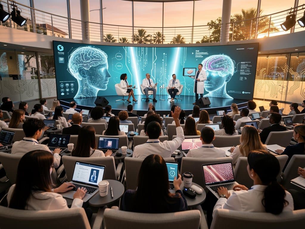 Auditório Southeastern com painel IA saúde, telas 3D de pele e experts discutindo wellness tech
