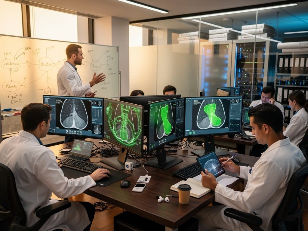 Laboratório de IA médica com monitores mostrando análises de imagens e gráficos de precisão em ambiente high-tech