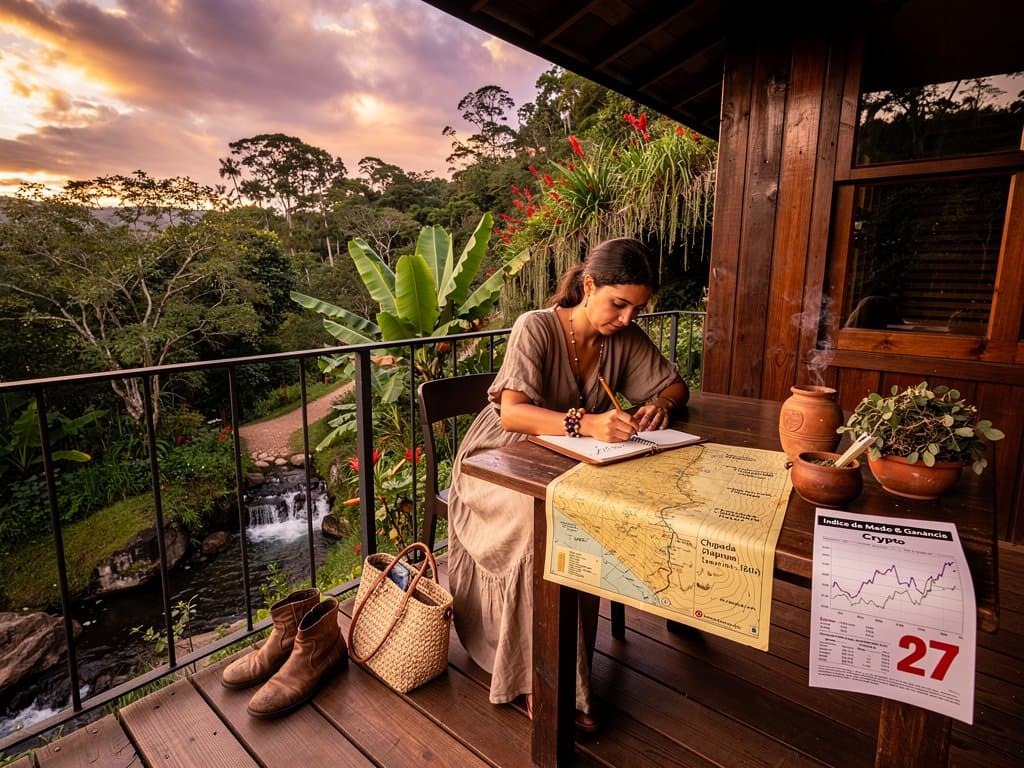 Cabana nas serras de Minas com itens doomer chic: linho, botas, ervas, mapa e gráfico crypto, pôr do sol off-grid brasileiro resiliente