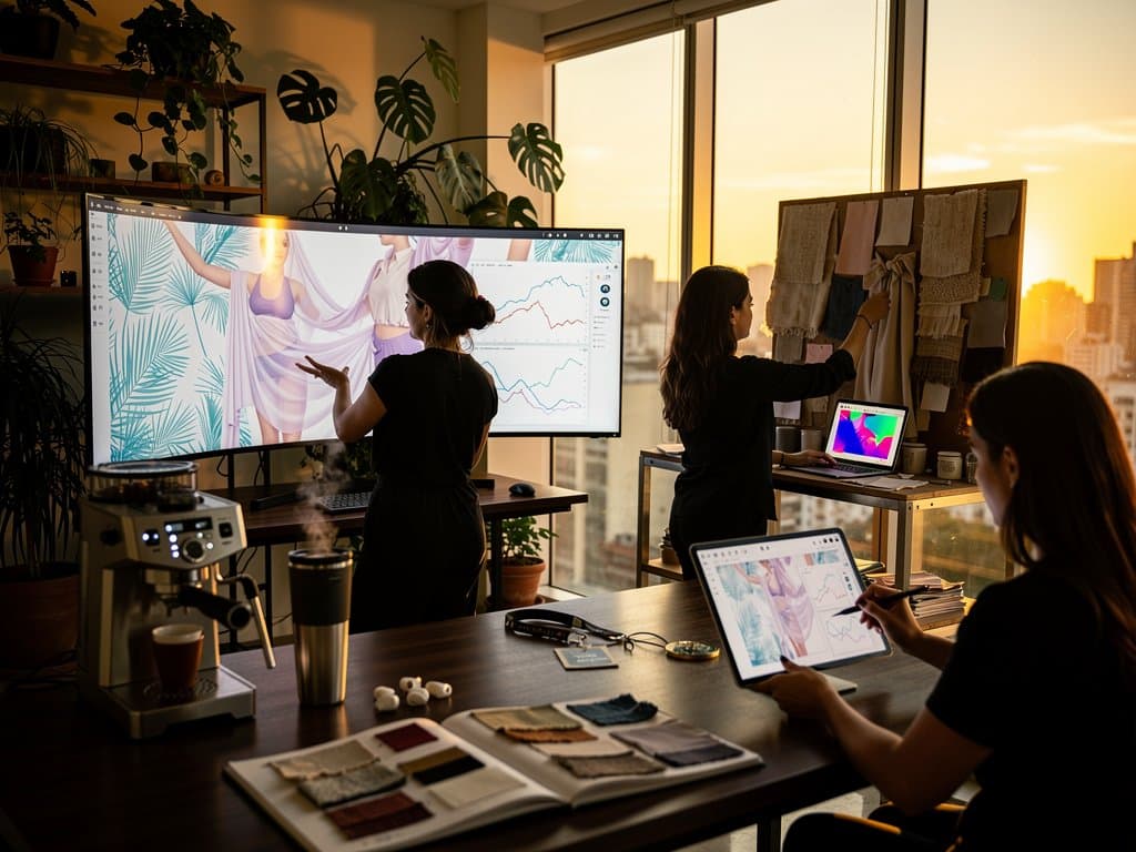 Silhuetas de designers em estúdio analisando padrões IA de moda bem-estar com elementos crypto ao fundo