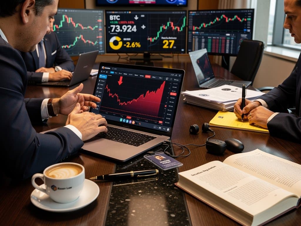 Gráficos cripto em queda e documentos legais em sala de advocacia focada em class action FLOW