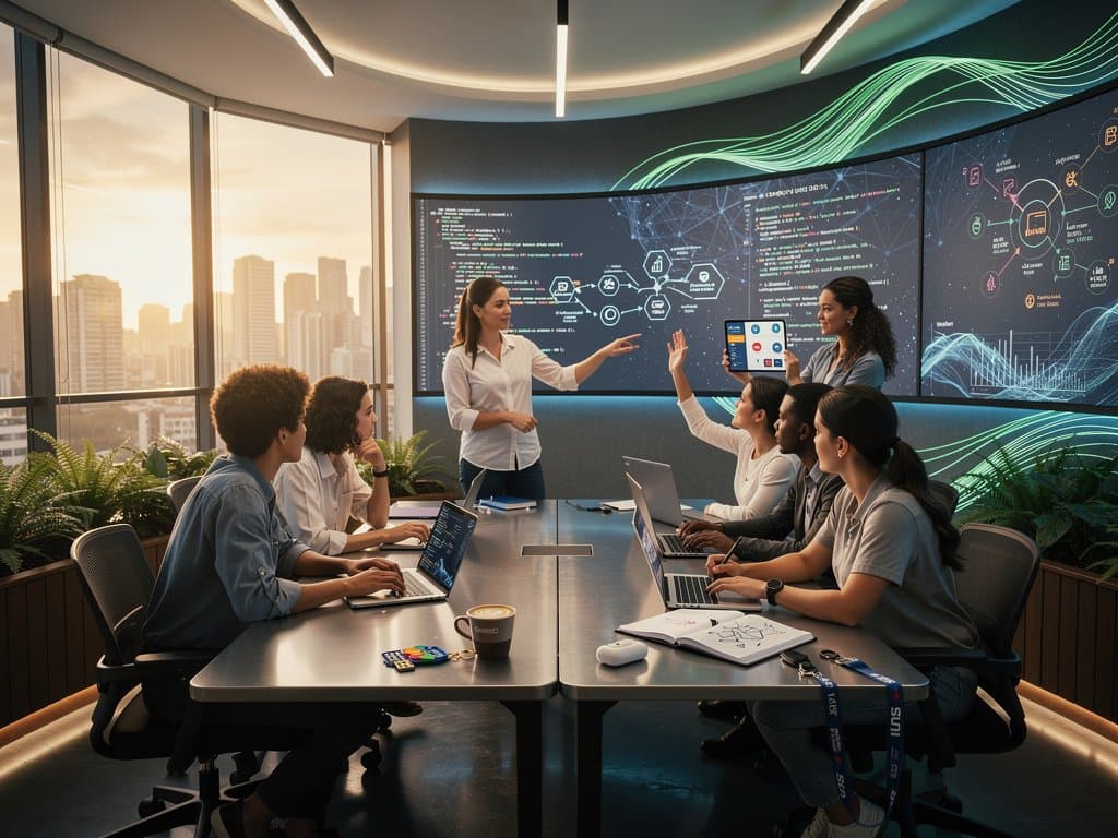 Sala de aula high-tech com telas de IA e gráficos financeiros em ambiente universitário brasileiro moderno