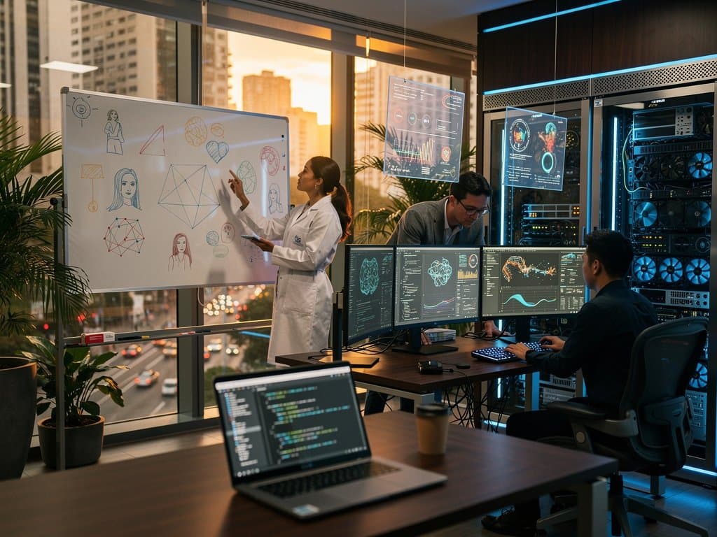 Laboratório futurista de IA em São Paulo com servidores NVIDIA, monitores de redes neurais, dashboards e vista da cidade