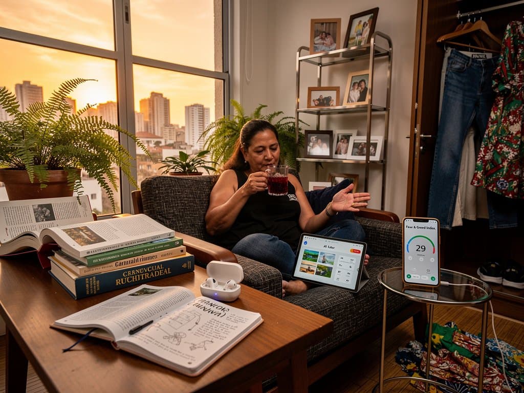 Mãe brasileira relaxa com chá enquanto filha usa IA em tablet, guarda-roupa renovado e gráfico crypto ao fundo em casa acolhedora