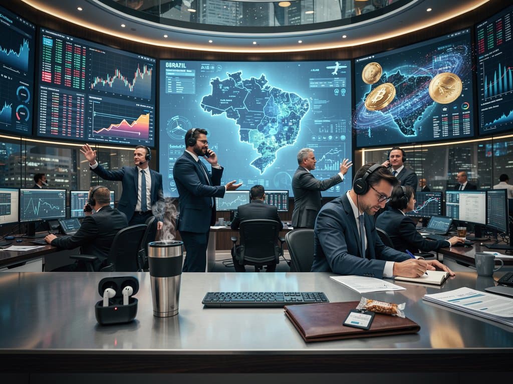 Holograma IA com mapas Brasil, dados saúde e crypto neon