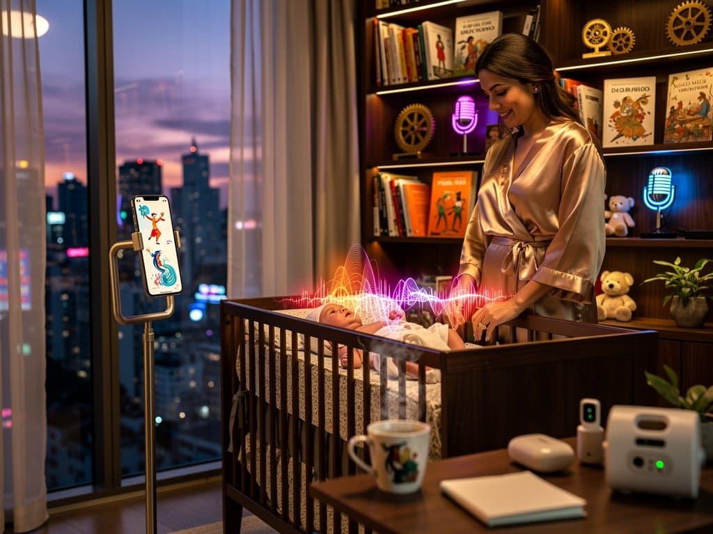 Smartphone com IA gerando ondas sonoras de histórias infantis folclóricas brasileiras em estilo cartoon acolhedor