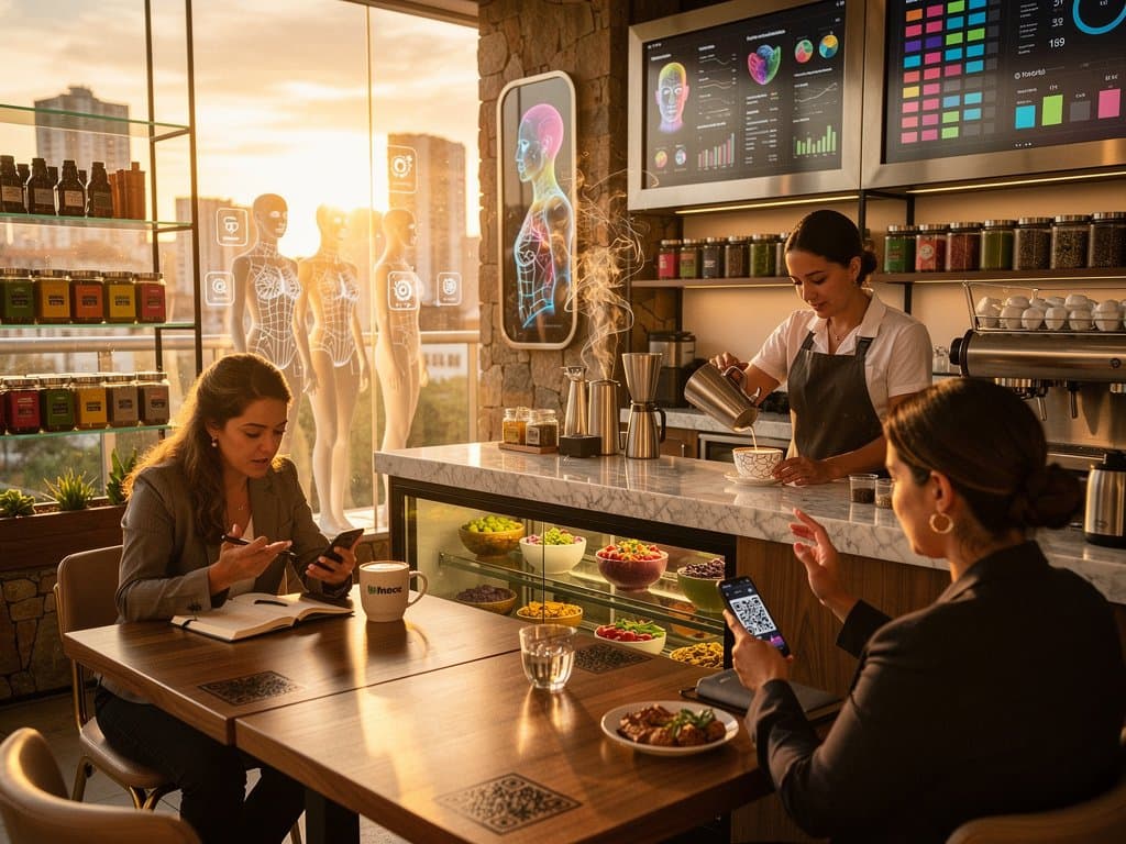 Café chique com IA personalizando lattes e smoothies wellness, integrando AR moda e dashboards tech em ambiente high-end brasileiro