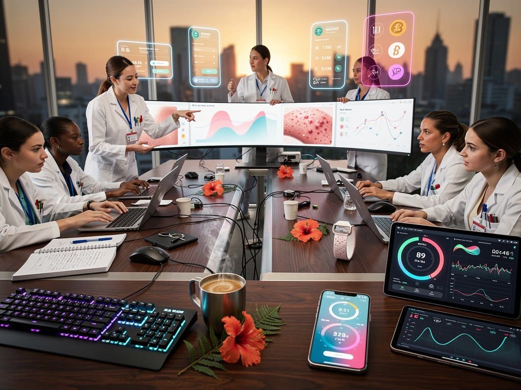 Laboratório high-tech de IA com dashboards de inteligência artificial na saúde feminina em monitores curvos e análises de pele em tablets
