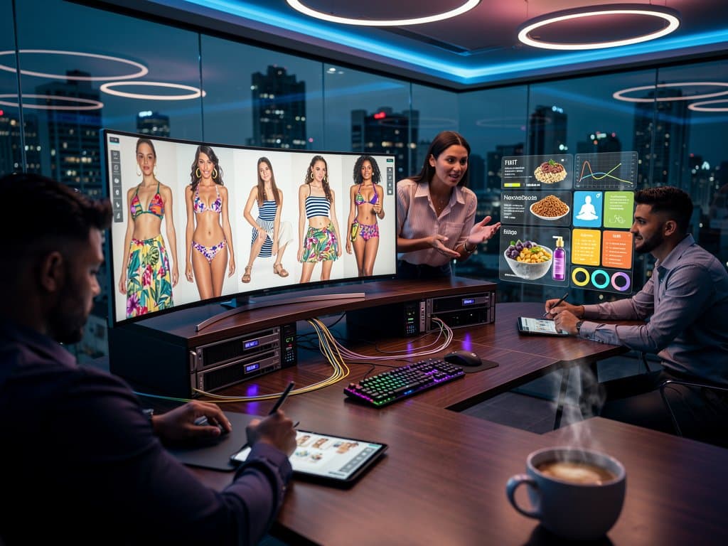 Tela high-tech com IA gerando looks de moda feminina, dados de wellness e self-care em ambiente de laboratório inovador brasileiro