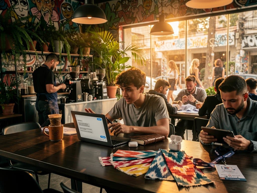 Café na Vila Madalena com laptop de chatbot IA, caderno e tecidos, equilíbrio tech e intuição feminina