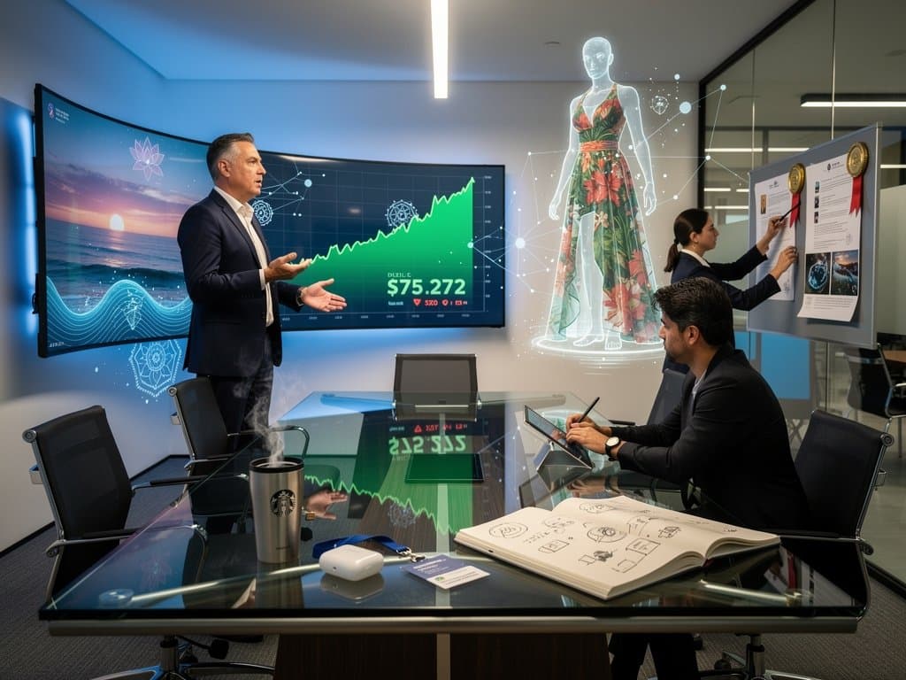 Documentos MiCA e gráficos crypto com NFTs de moda e wellness em cena futurista