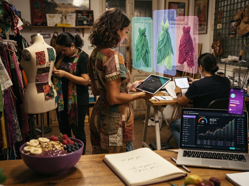 Estúdio moda SP: estilista usa IA tablet com bem-estar, açaí, crypto gráficos