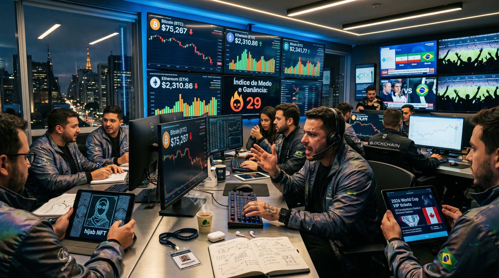 Sala trading crypto com gráficos BTC US$ 75.267, NFT hijab blockchain e ingressos Copa 2026 em estilo futurista