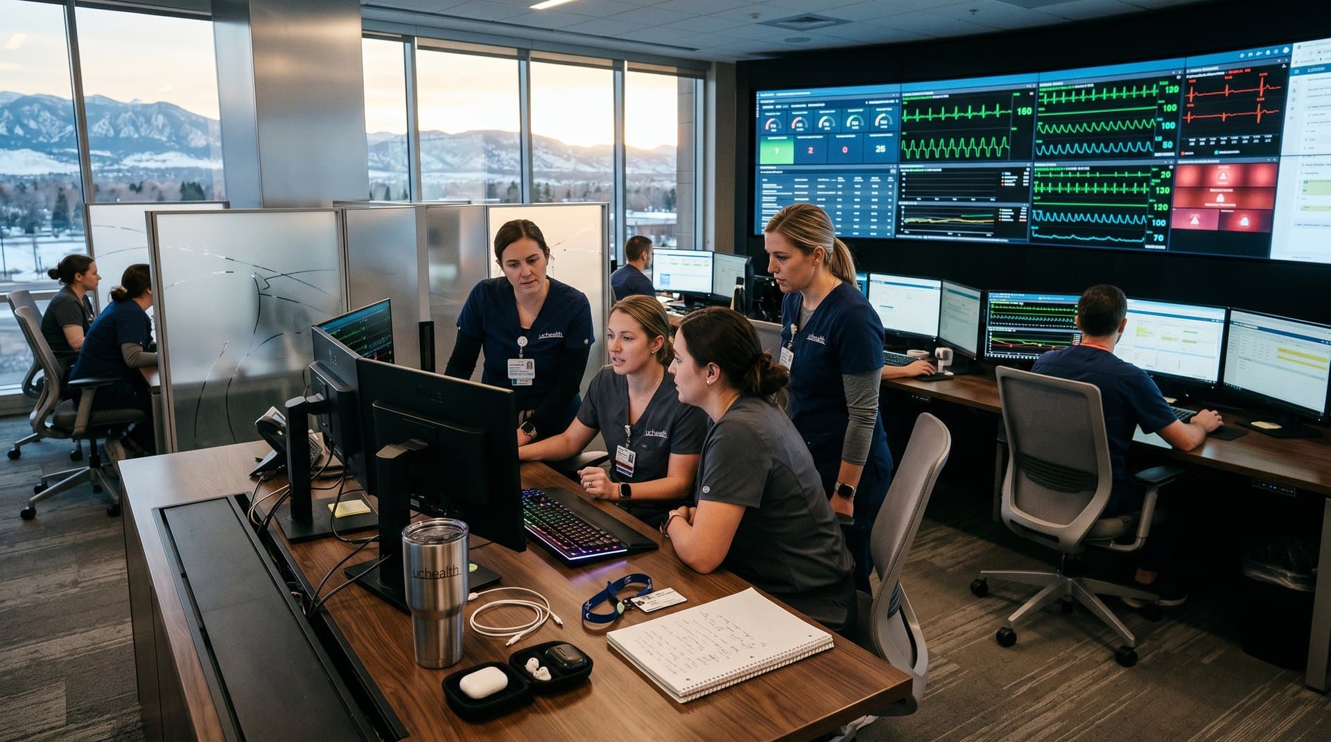 Centro de comando high-tech da UCHealth com telas de IA exibindo dados vitais de pacientes em ambiente moderno