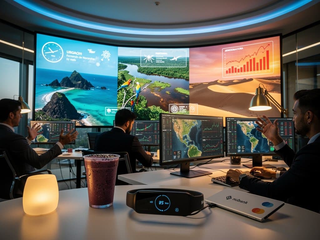 Dashboard IA com mapas viagens brasileiras, riscos saúde, crypto BTC e moda sustentável em estilo neon cyberpunk