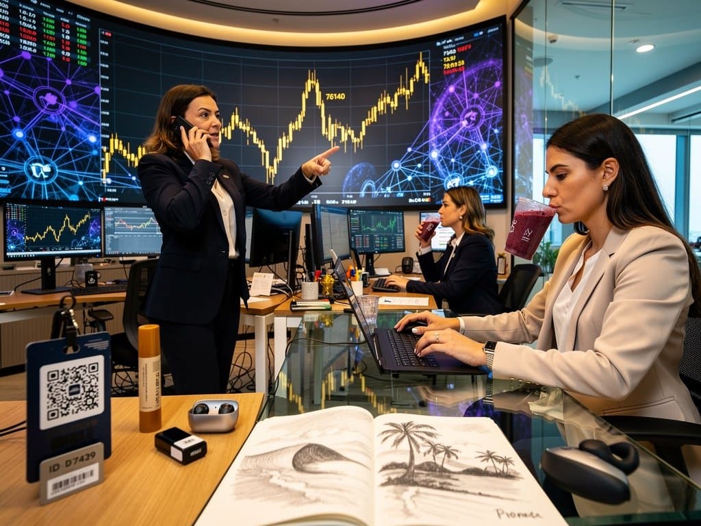 Ilustração de cultura de IA com elementos de bem-estar feminino, cripto e tech brasileira