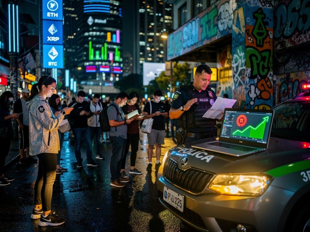 Rua urbana segura à noite em SP com relatório policial manual, IA pausada, gráfico BTC em alta e elementos crypto