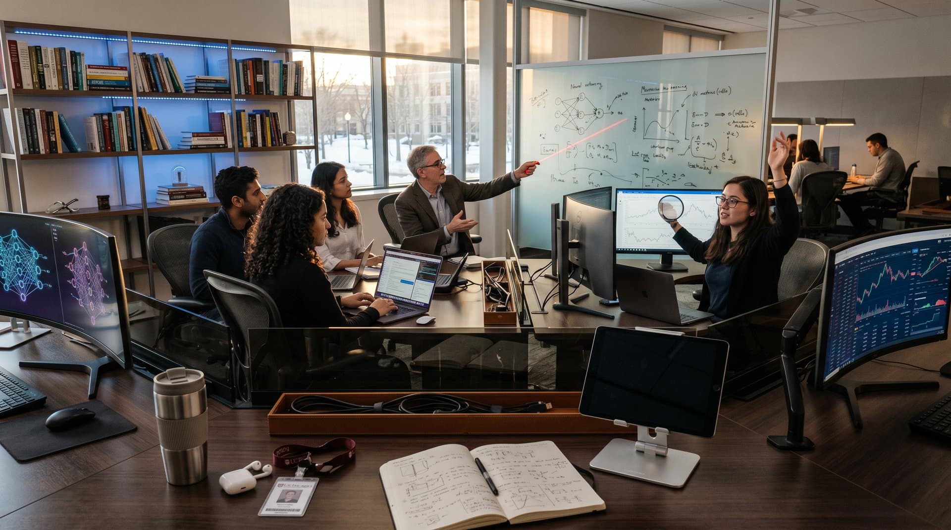 Laboratório moderno de IA na Booth School com monitores, gráficos crypto e elementos tech em ambiente inovador