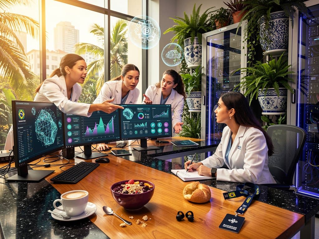 Lab abstrato de IA com visualizações neurais, luz natural e elementos high-tech minimalistas inspirados no Brasil