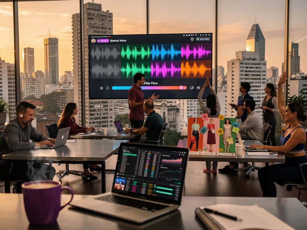 Interface Deezer filtrando músicas IA com waveforms, playlists yoga e wellness, estilo tech brasileiro