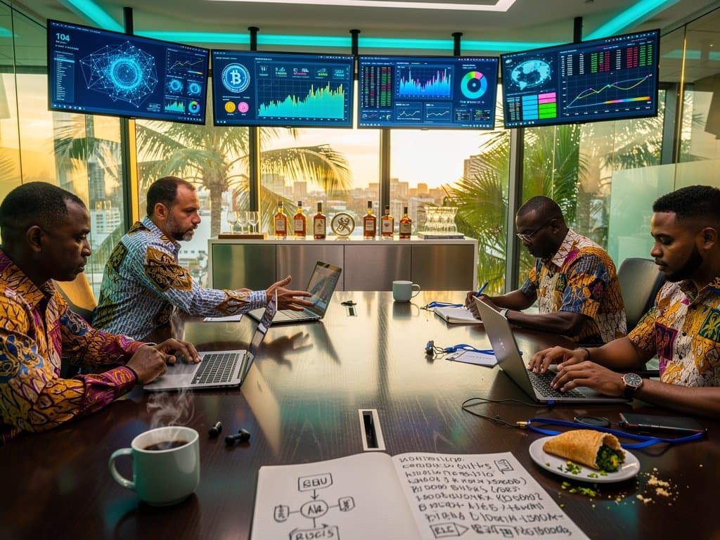 Sala high-tech em Trinidad com telas de IA eleitoral, blockchain e dados crypto em debate caribenho