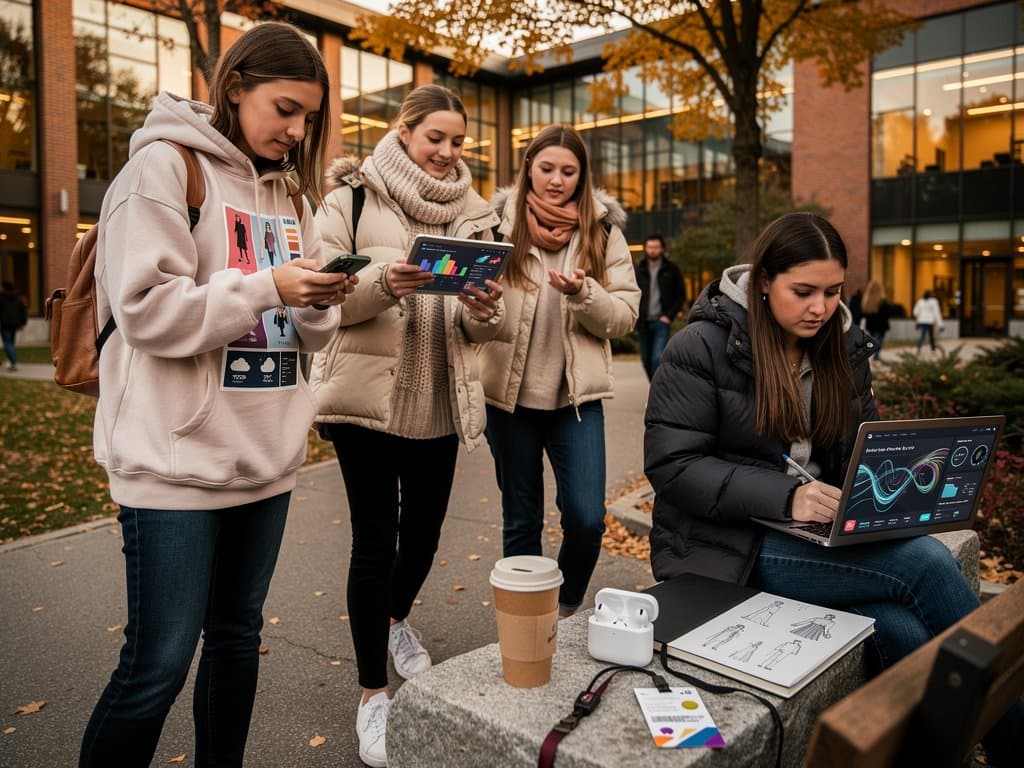 Estudantes no campus da University of Maine usam apps de IA para moda e wellness com paisagem outonal ao fundo