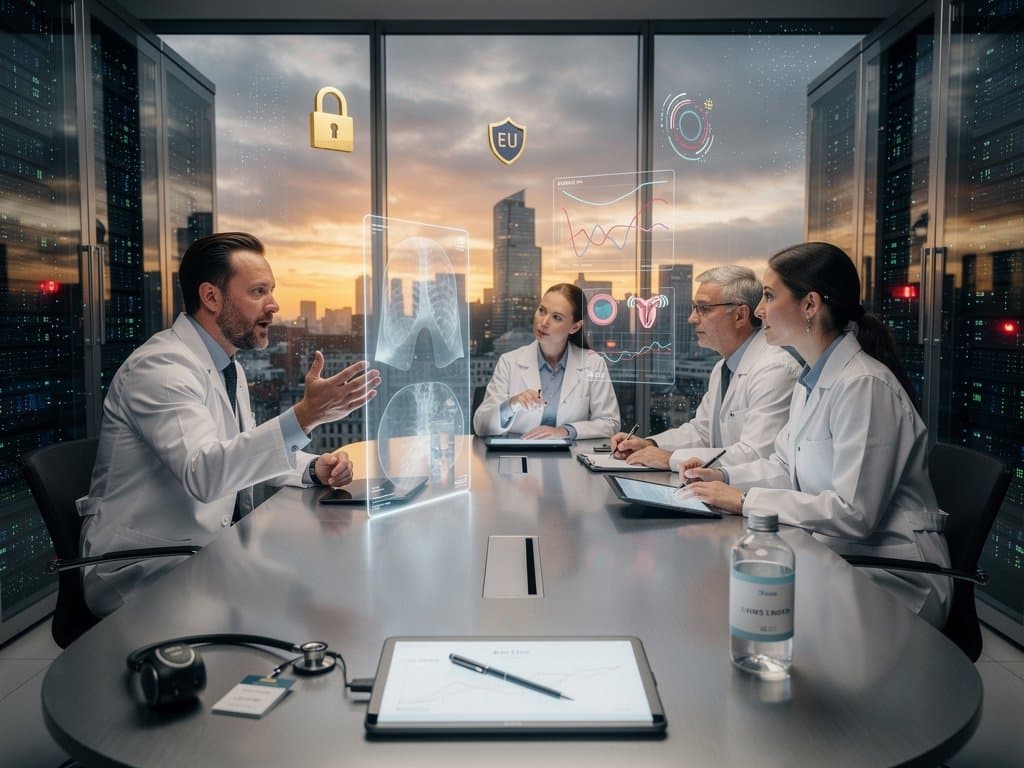 Clínica europeia high-tech com IA em saúde feminina, alertas privacidade e profissionais colaborando