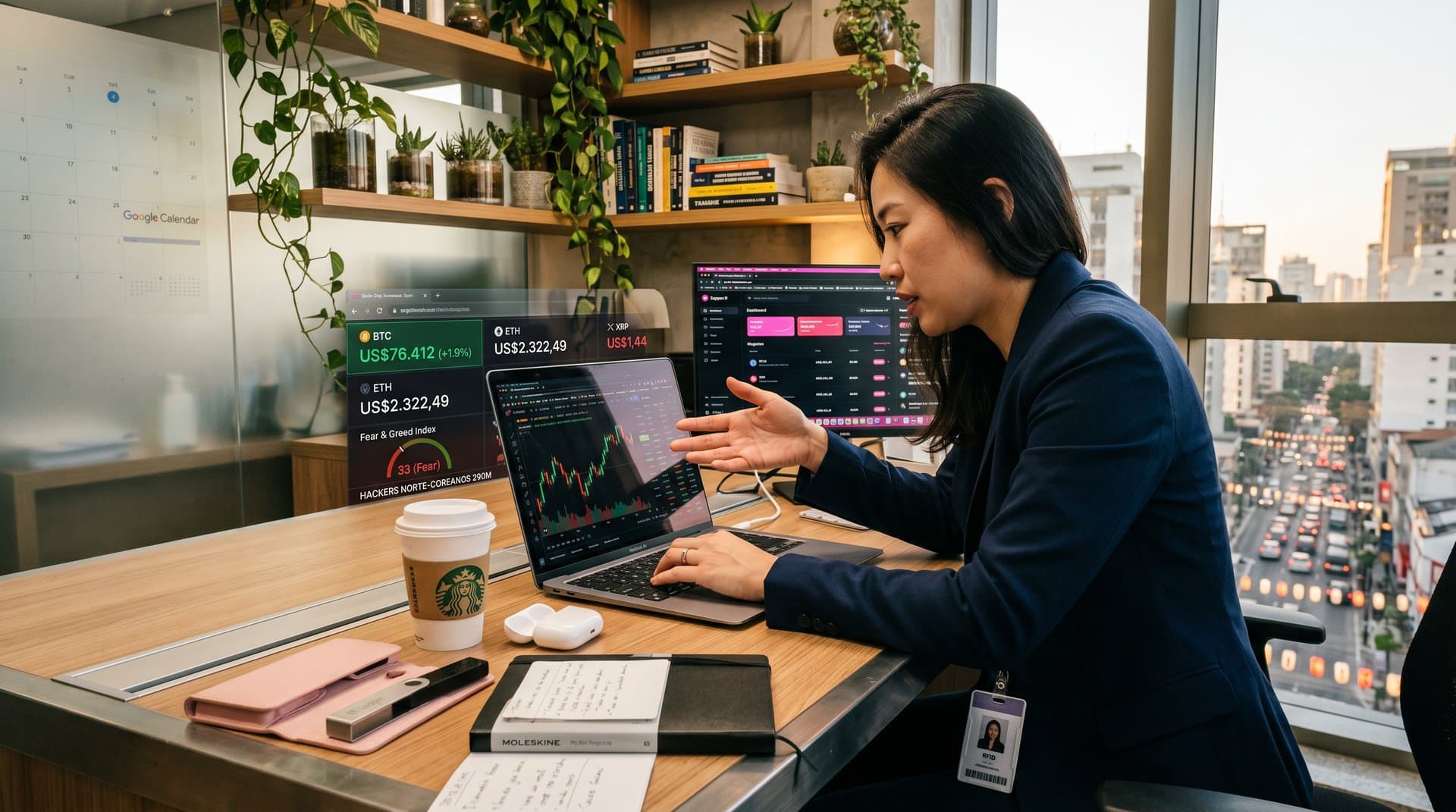 Hardware wallet Ledger em home office com charts de cripto e alerta de hack norte-coreano